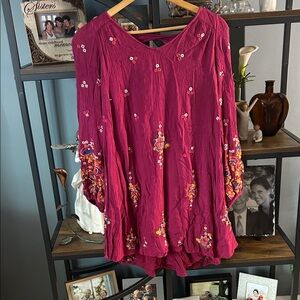 Free People Fuchsia Embroidered Blouse